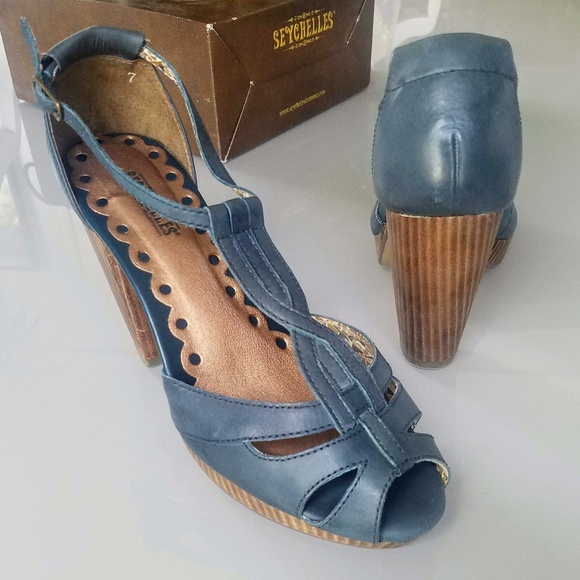 Seychelles Shoes - Seychelles Blue Leather T-Strap Platform Heels